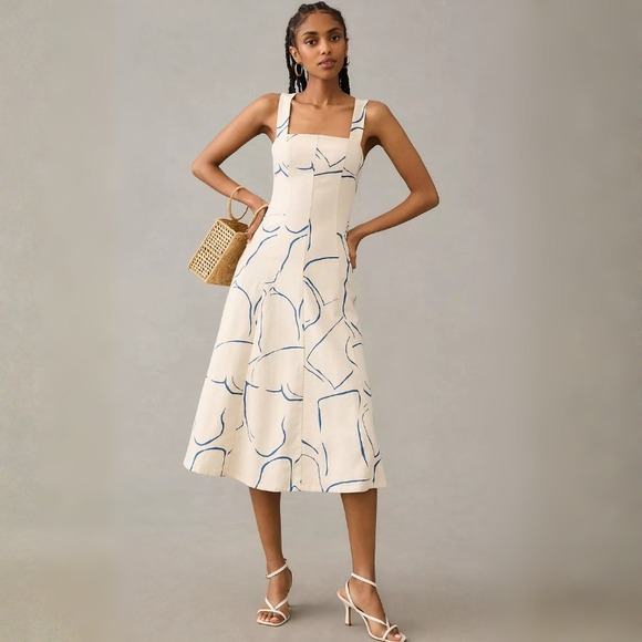 Corey Lynn Calter Dresses & Skirts - Corey Lynn Calter Printed Square-Neck Dress Cotton Linen Midi Size Small